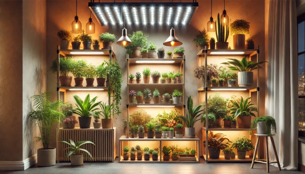Well-Lit Indoor Garden Showcasing Plants Thriving Under Different Lighting Arrangements