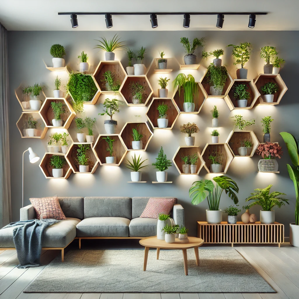Living Room With Plant Lighting Shelves - 06